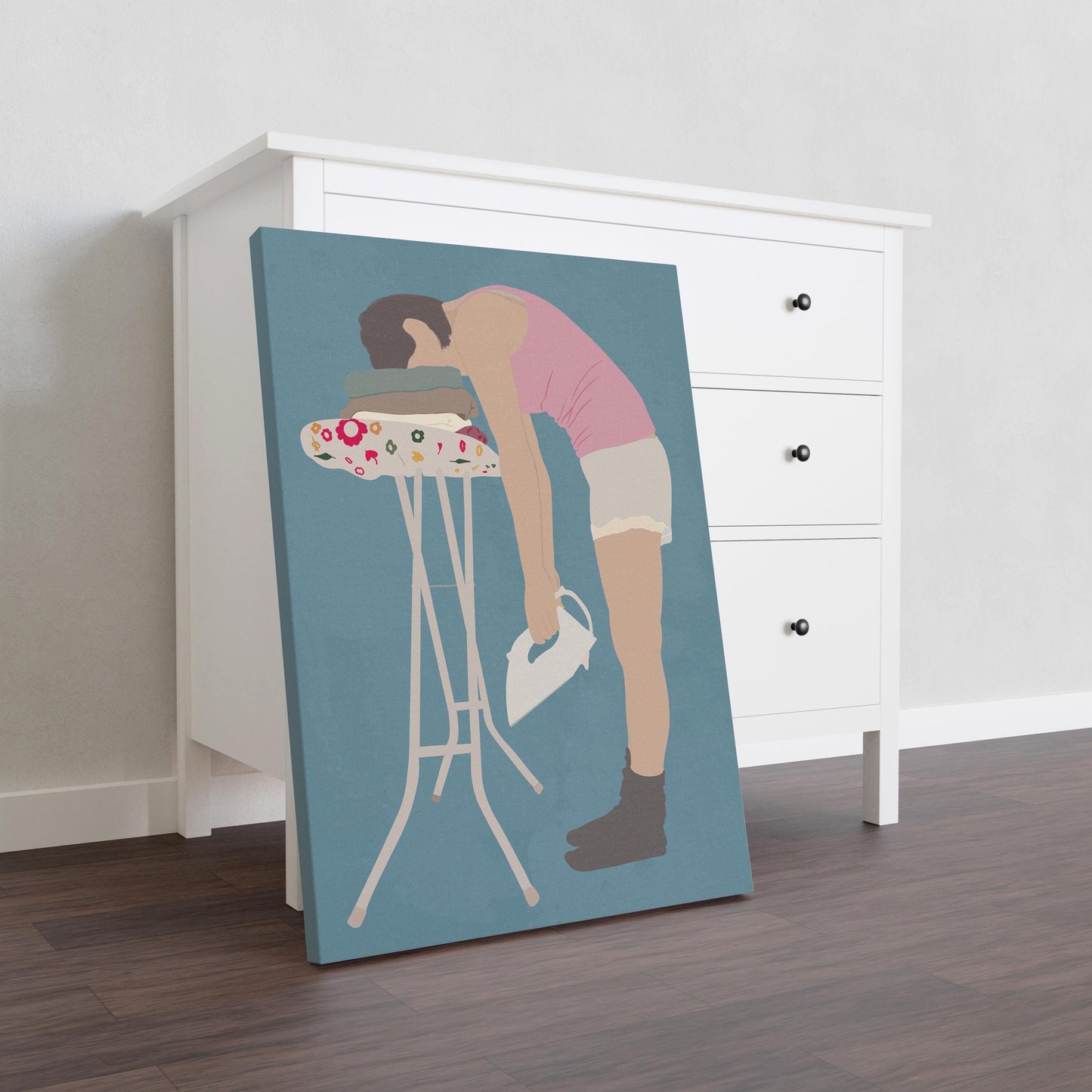 Funny Laundry Room Wall Art Decor: Tired Woman Ironing Print