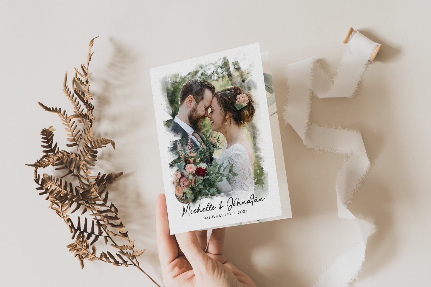 Minimalist Photo Wedding Invitation: Folded Eucalyptus Design