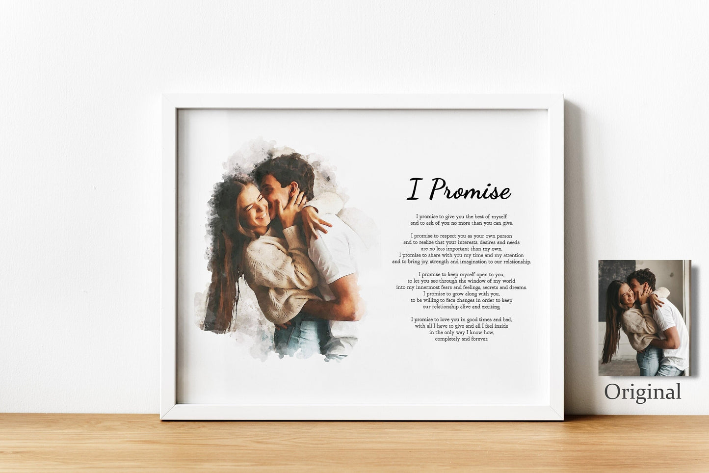 Custom Poem Print with Couple Portrait Painting: Anniversary Wedding Photo and Christmas Gift