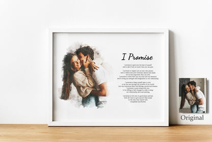 Custom Poem Print with Couple Portrait Painting: Anniversary Wedding Photo and Christmas Gift