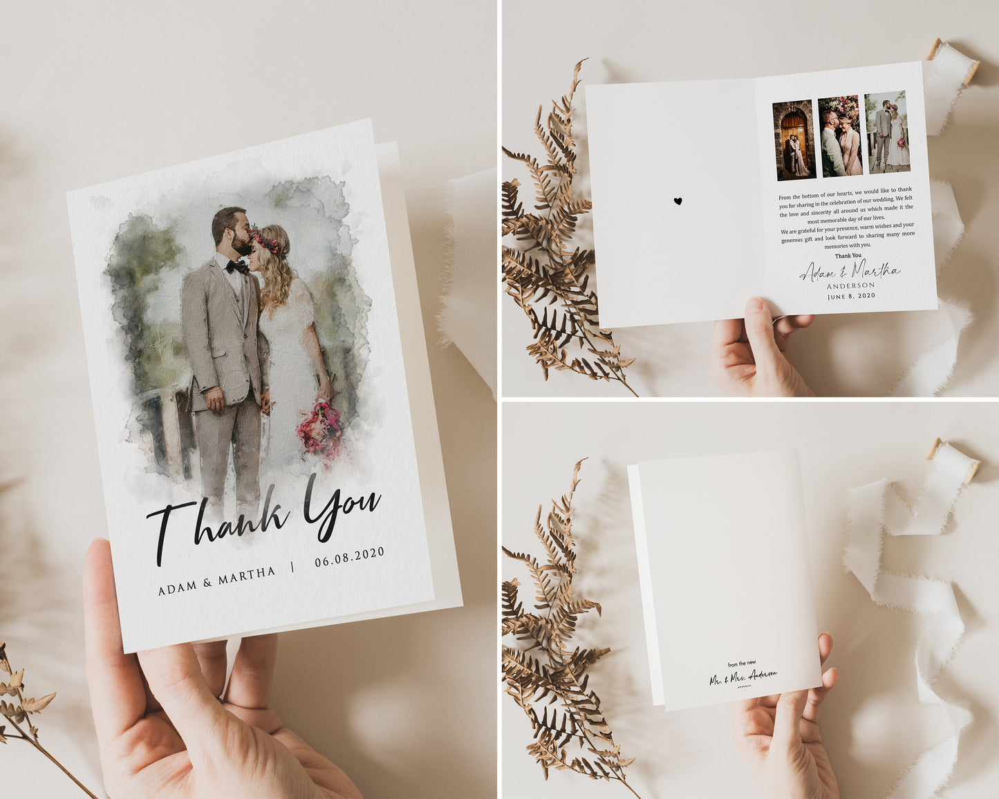Watercolor Wedding Thank You Cards | Custom Photo Folded Cards