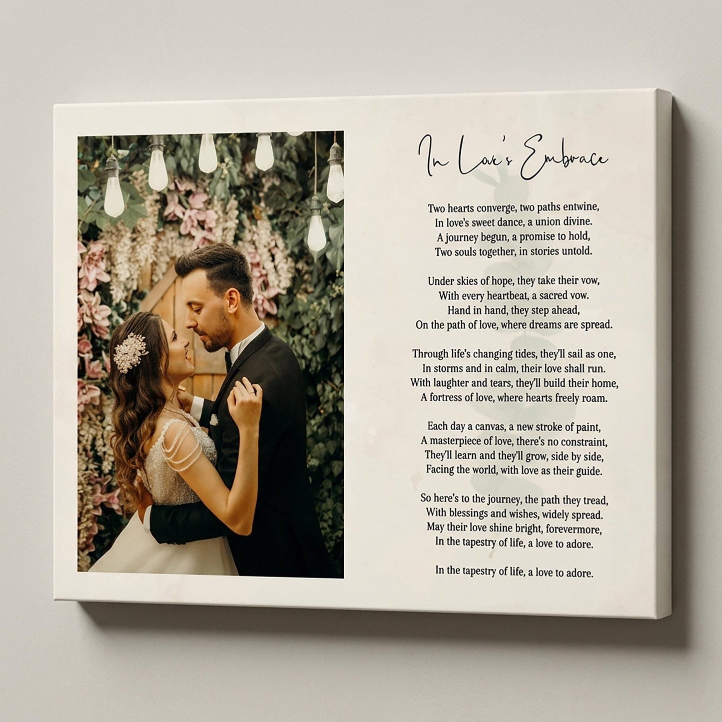 Custom Poem Print with Photo on Framed Canvas: Wedding Song Lyrics, Newlywed Gift