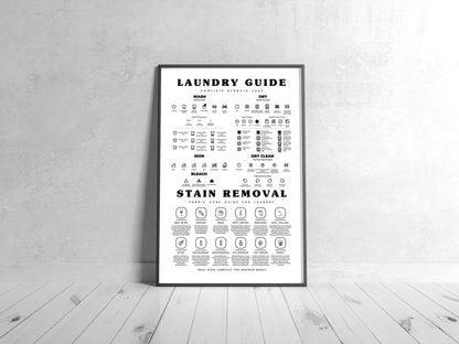 Laundry Symbols Guide with Stain Removal Instruction for Laundry Room Decor - Framed or Unframed