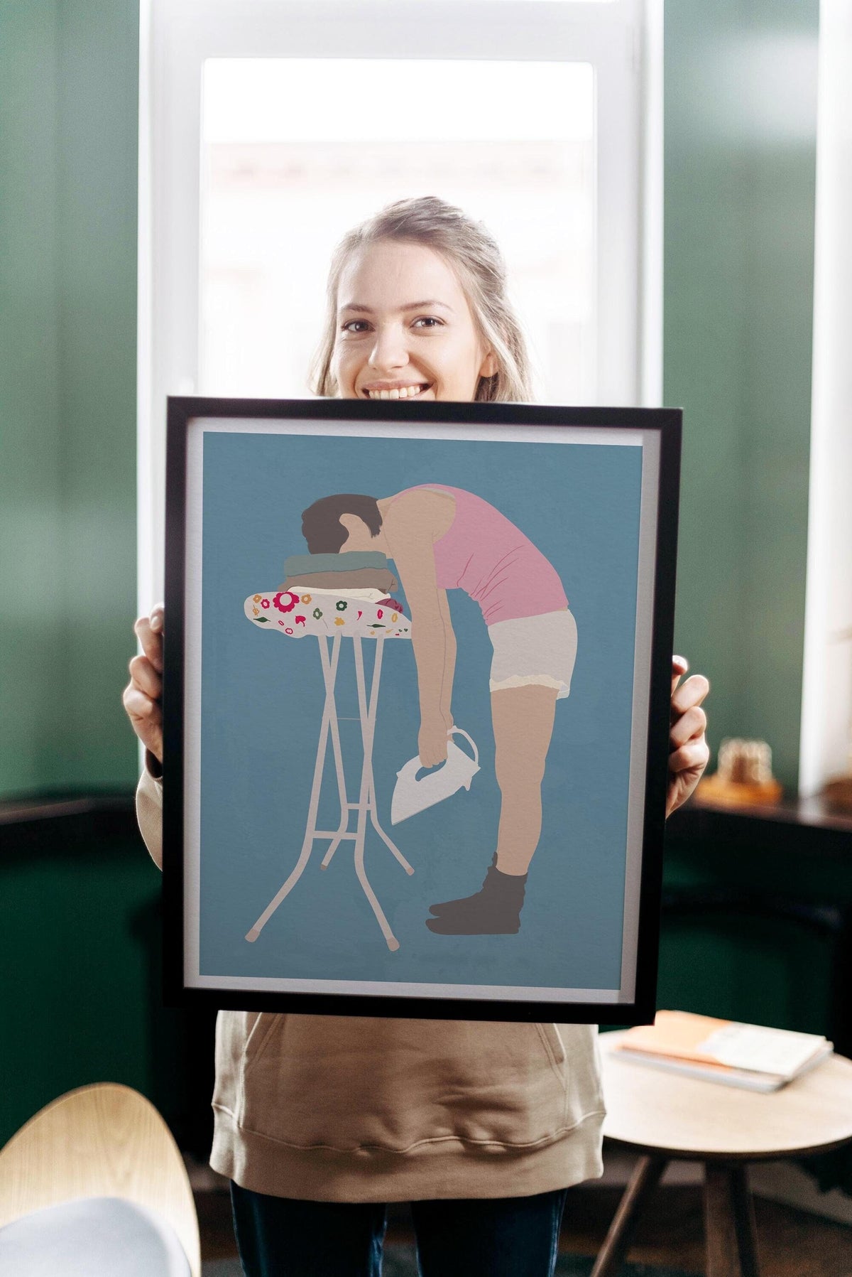 Funny Laundry Room Wall Art Decor: Tired Woman Ironing Print