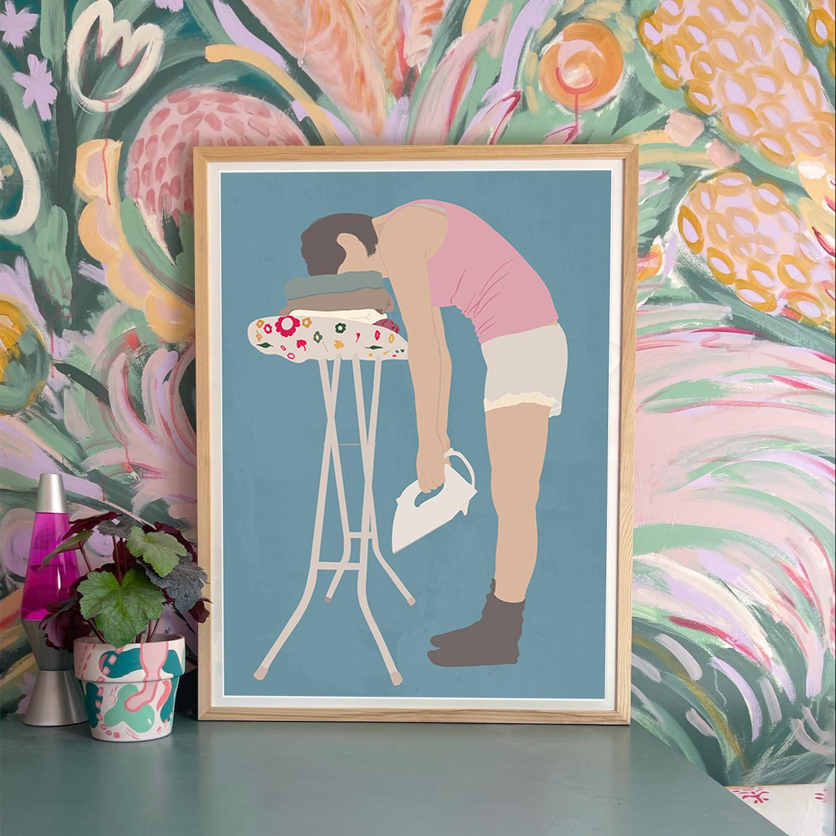 Funny Laundry Room Wall Art Decor: Tired Woman Ironing Print