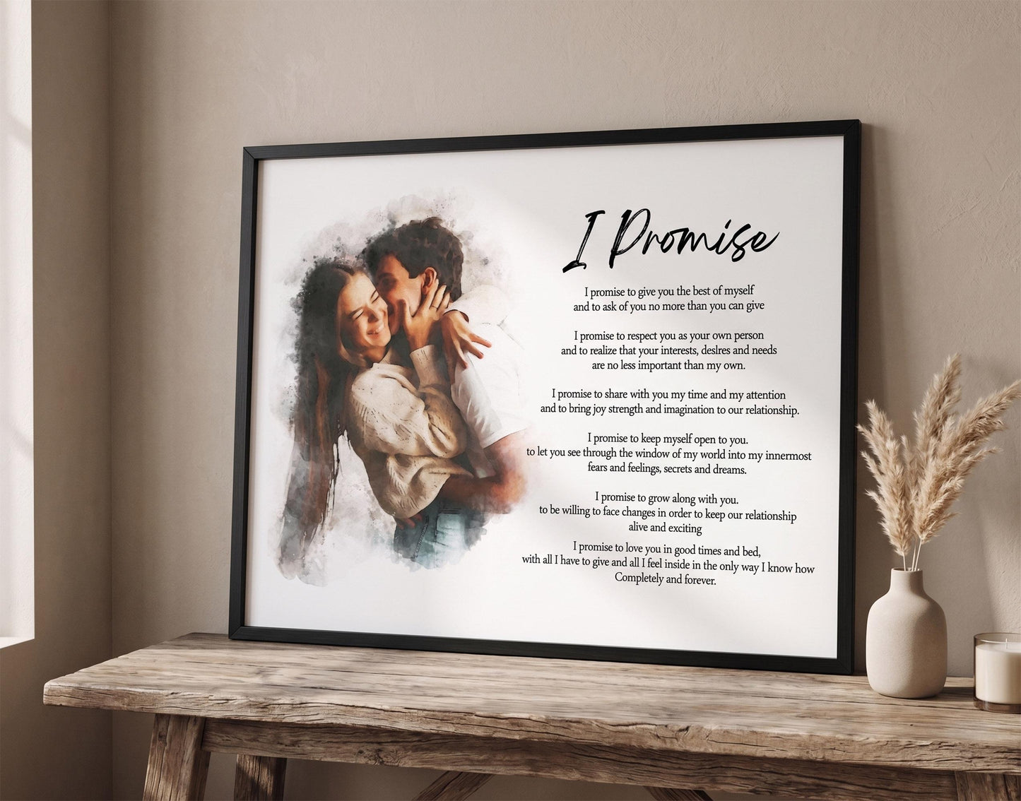 Custom Poem Print with Couple Portrait Painting: Anniversary Wedding Photo and Christmas Gift