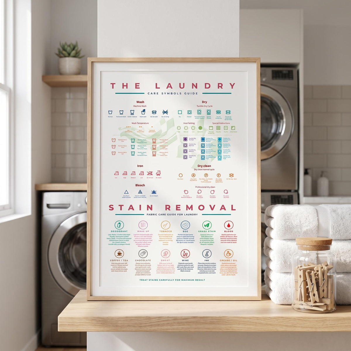 The Laundry Guide Symbols Care With Stain Removal Instruction Colourful Wall Art Prints Poster
