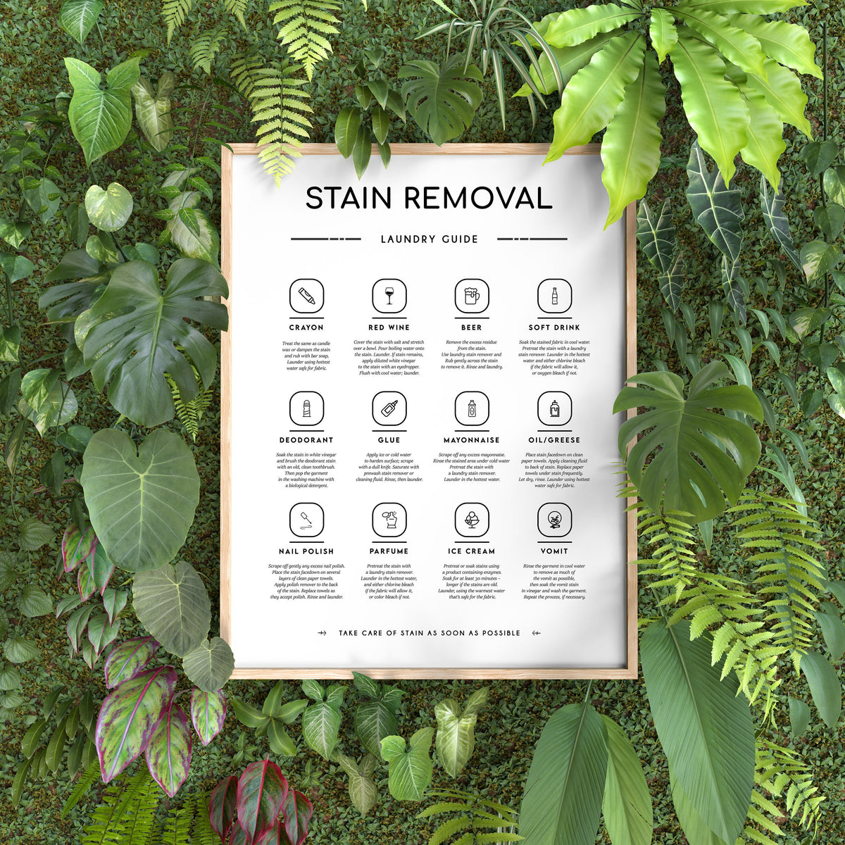 Laundry Symbols Print and Stain Removal Instruction Wall Art Decor