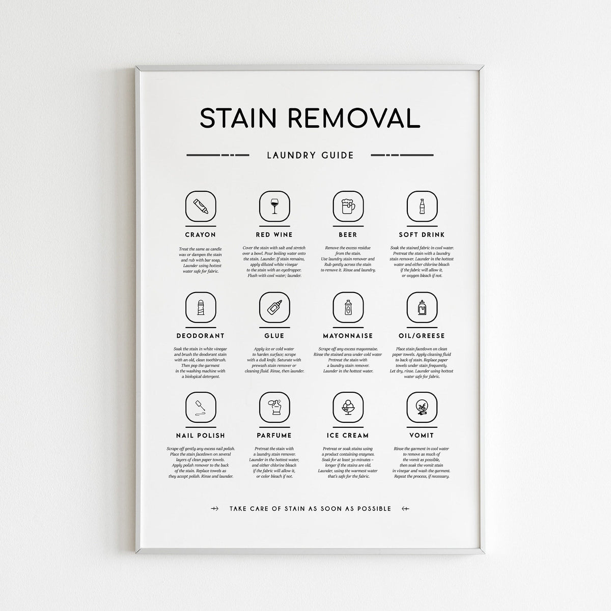 Laundry Symbols Print and Stain Removal Instruction Wall Art Decor