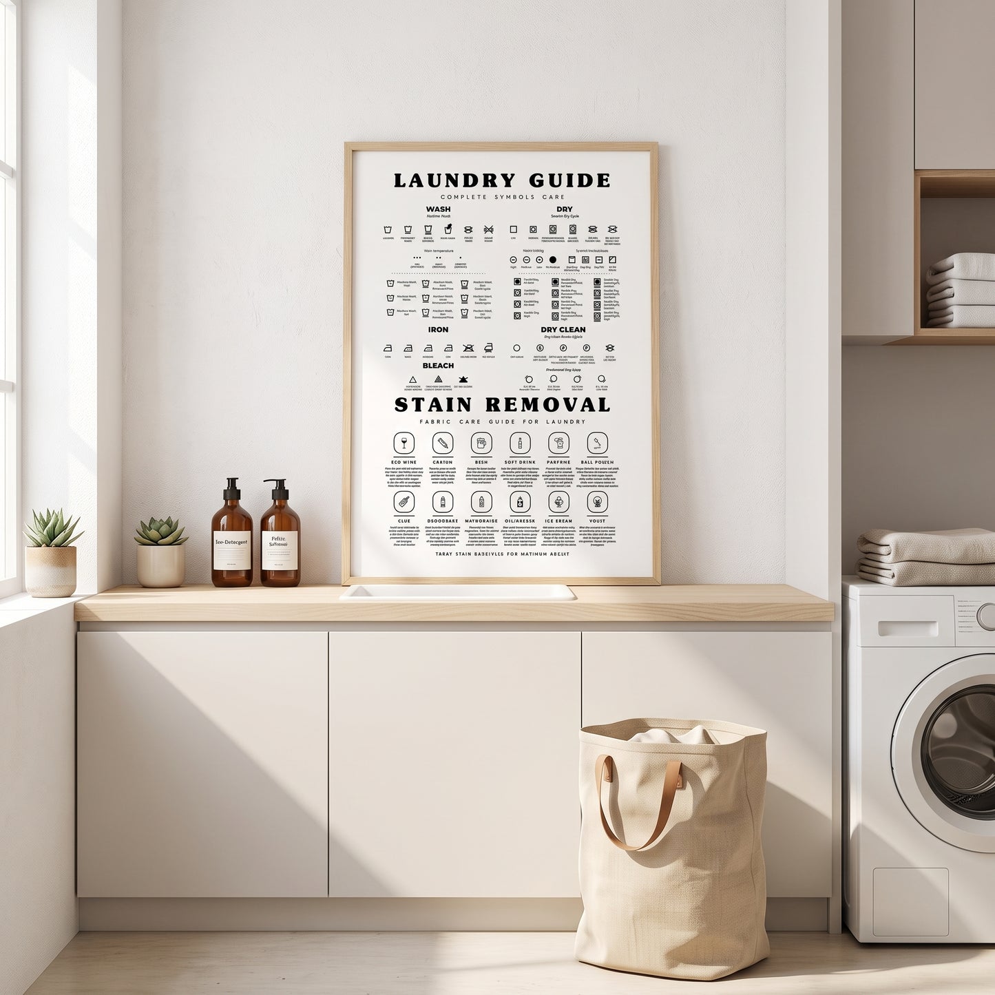 Laundry Symbols Guide with Stain Removal Instruction for Laundry Room Decor - Framed or Unframed