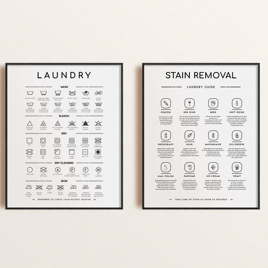 Laundry Symbols Print and Stain Removal Instruction Wall Art Decor