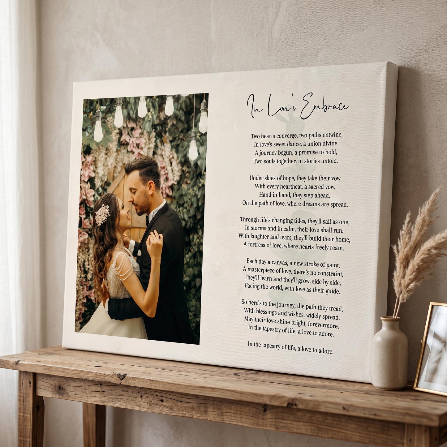 Custom Poem Print with Photo on Framed Canvas: Wedding Song Lyrics, Newlywed Gift