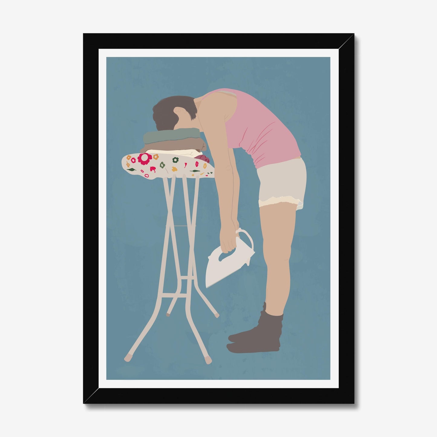 Funny Laundry Room Wall Art Decor: Tired Woman Ironing Print