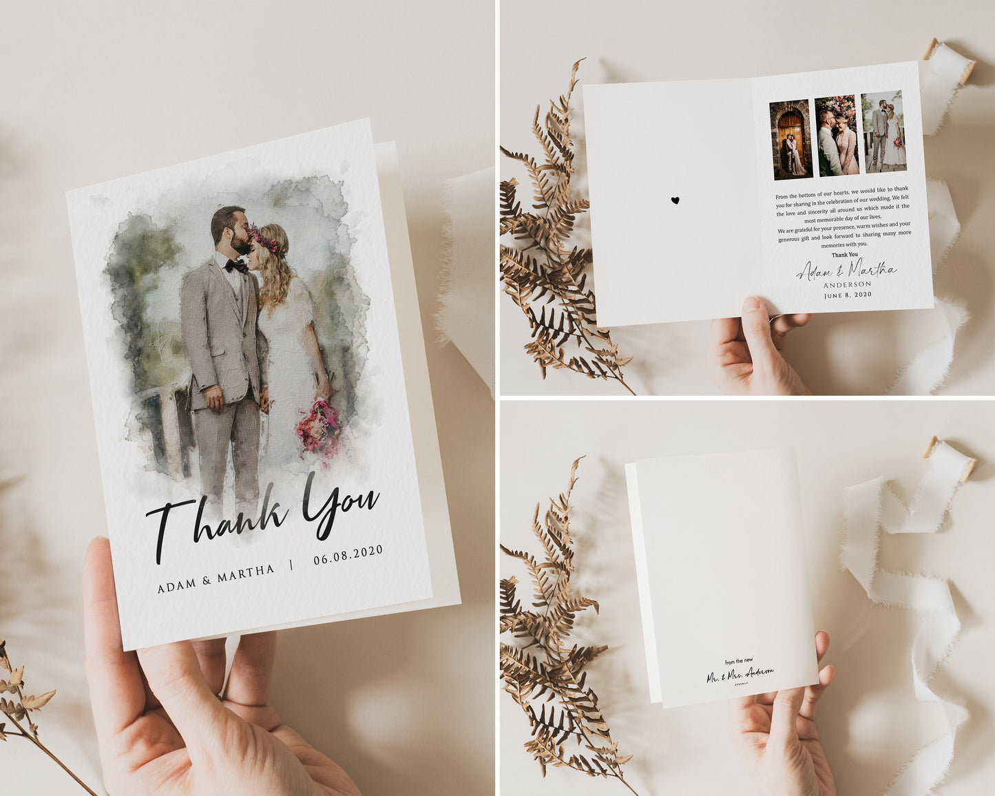 Wedding Thank You Cards Watercolor Portrait: Personalized Photo Folded Card