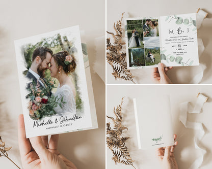 Minimalist Photo Wedding Invitation: Folded Eucalyptus Design