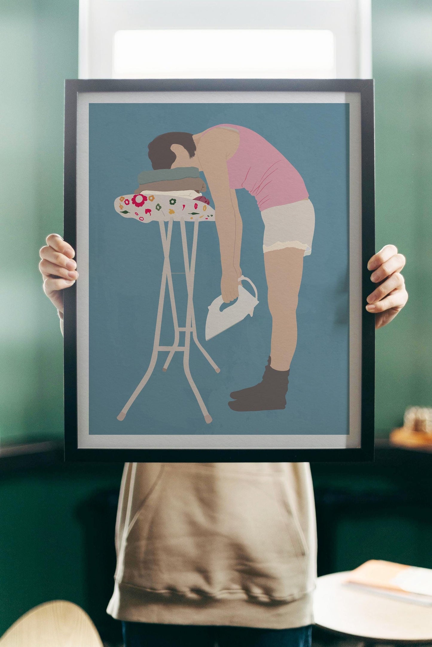 Funny Laundry Room Wall Art Decor: Tired Woman Ironing Print