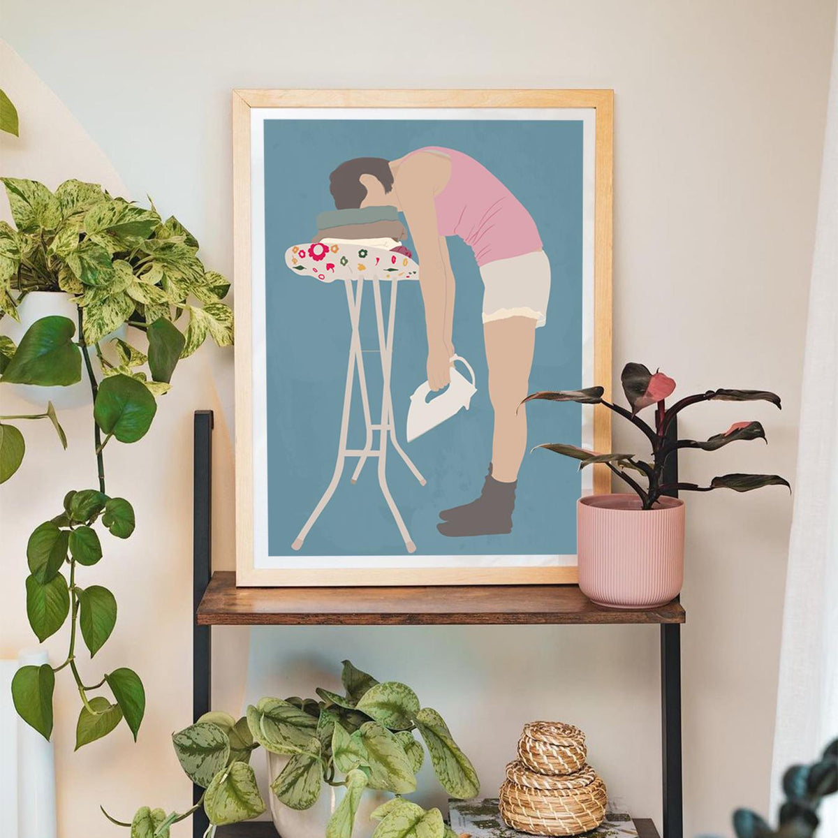 Funny Laundry Room Wall Art Decor: Tired Woman Ironing Print
