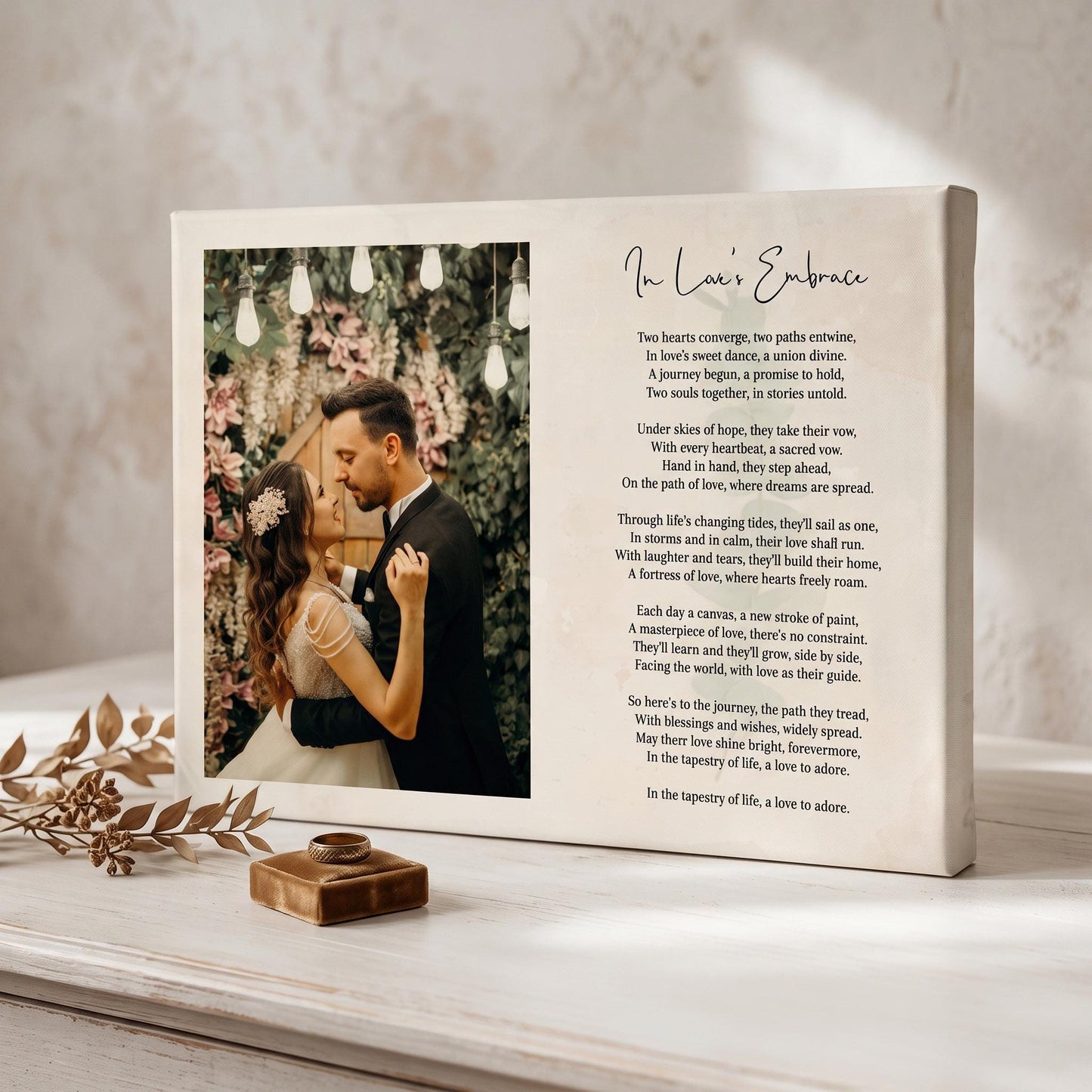 Custom Poem Print with Photo on Framed Canvas: Wedding Song Lyrics, Newlywed Gift