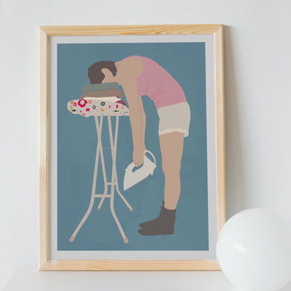 Funny Laundry Room Wall Art Decor: Tired Woman Ironing Print