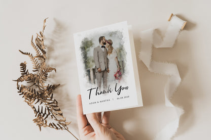 Wedding Thank You Cards Watercolor Portrait: Personalized Photo Folded Card