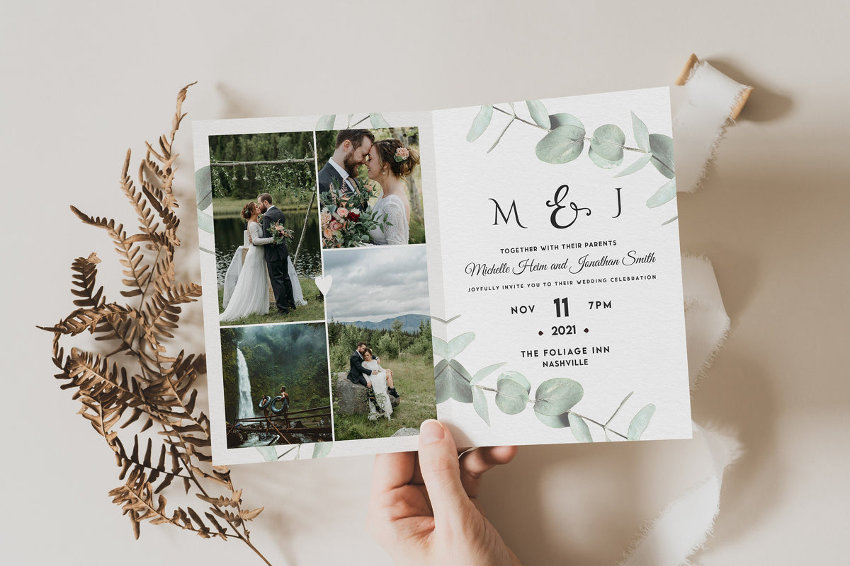 Minimalist Photo Wedding Invitation: Folded Eucalyptus Design