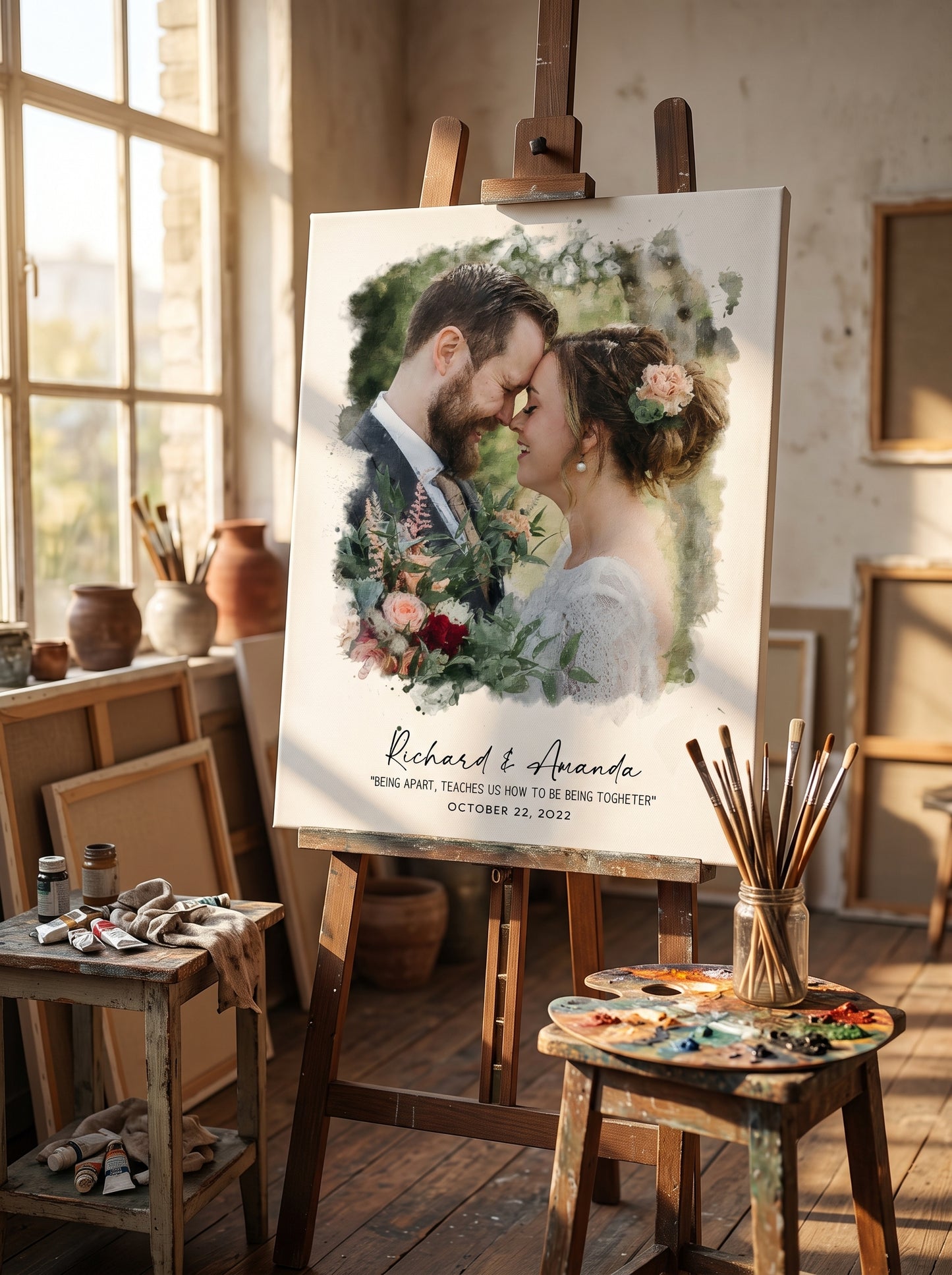 Watercolor Wedding Portrait - Framed Gift for Anniversary Wall Art